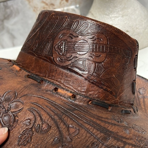 Vintage Leather Hand Tooled Hand Made Leather Western Gaucho Hat Sz 7 1/2 main image 7